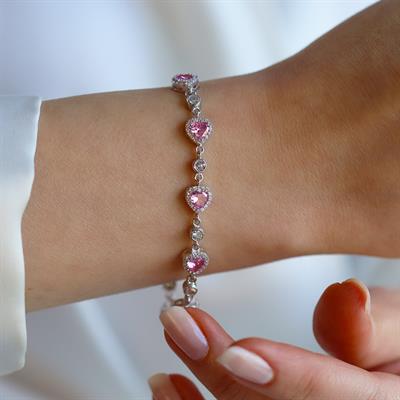 Pembe Zirkon Taşlı Kalpli Gümüş Bileklik