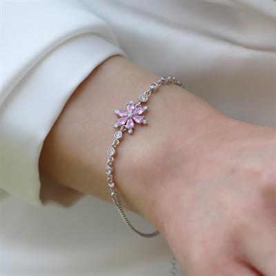 Pembe Zirkon Taşlı Lotus Çiçeği Gümüş Bileklik