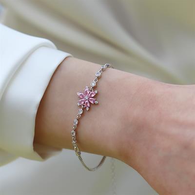 Pembe Zirkon Taşlı Lotus Çiçeği Gümüş Bileklik