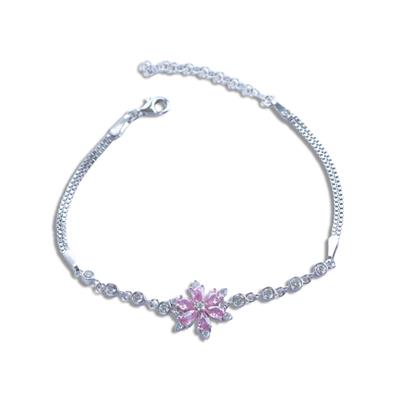Pembe Zirkon Taşlı Lotus Çiçeği Gümüş Bileklik