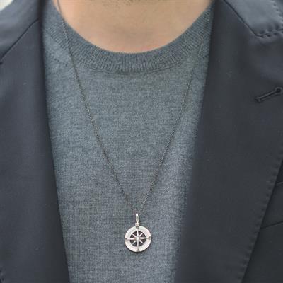 Pusula Gümüş Siyah Rodyum Gümüş Erkek Kolye