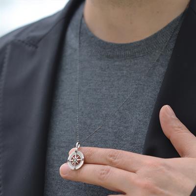 Pusula Gümüş Siyah Rodyum Gümüş Erkek Kolye