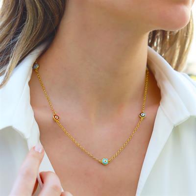 Renkli Nazar Boncuklu Gold Gümüş Kolye