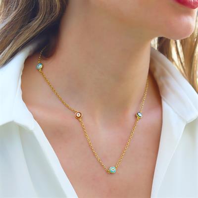 Renkli Nazar Boncuklu Gold Gümüş Kolye