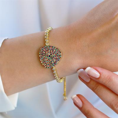 Renkli Taşlı Asansör Gold Gümüş Bileklik