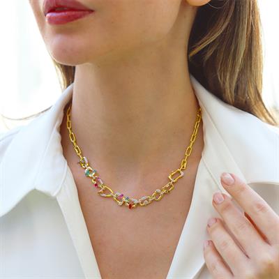 Renkli Taşlı Trend Zincir Gold Gümüş Kolye
