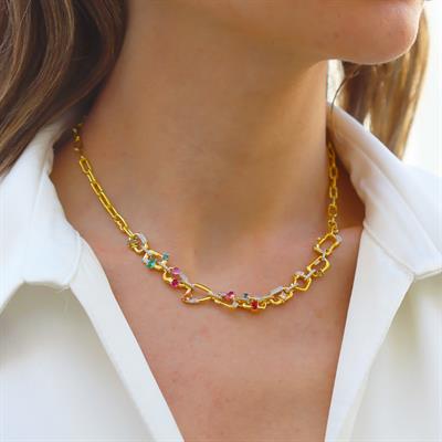 Renkli Taşlı Trend Zincir Gold Gümüş Kolye