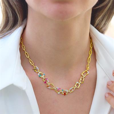 Renkli Taşlı Trend Zincir Gold Gümüş Kolye
