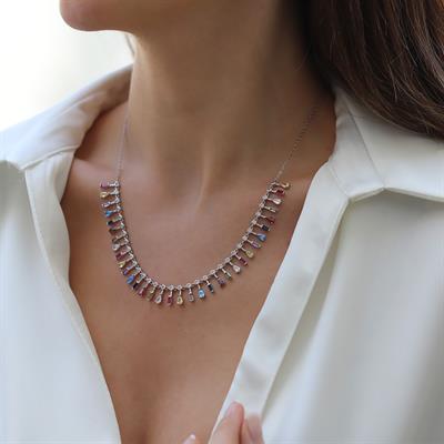 Renkli Trend Taşlı Gümüş Kolye