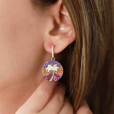 Renkli Zirkon Taşlı Palmiye Gold Kaplama Gümüş Küpe