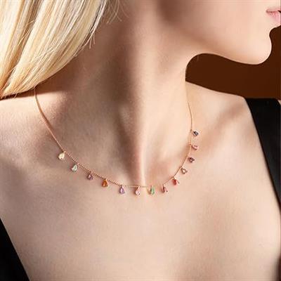 Rose Altın Kaplama Renkli Zirkon 925 Ayar Gümüş Trend Kolye