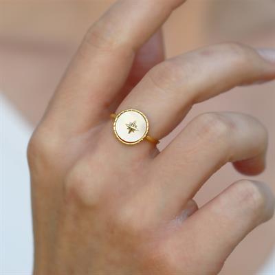 Sedefli Kutup Yıldızı Gold Gümüş Yüzük