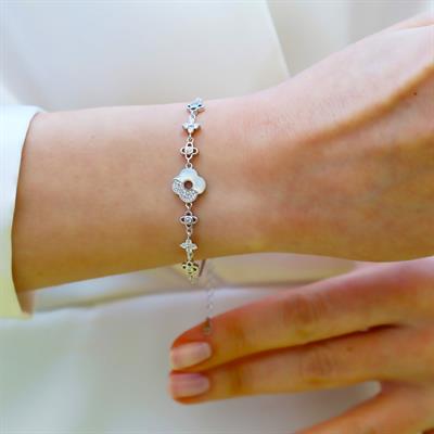 Sedefli Yonca Çiçek Gümüş Bileklik