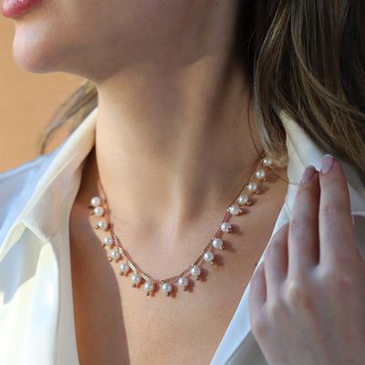 Sıra incili Rose Gold Trend Gümüş Kolye