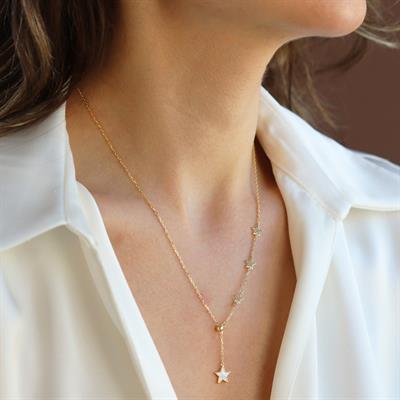 Sıralı Yıldızlı Gold Gümüş Kolye