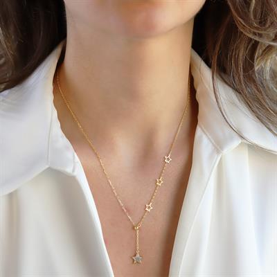 Sıralı Yıldızlı Gold Gümüş Kolye