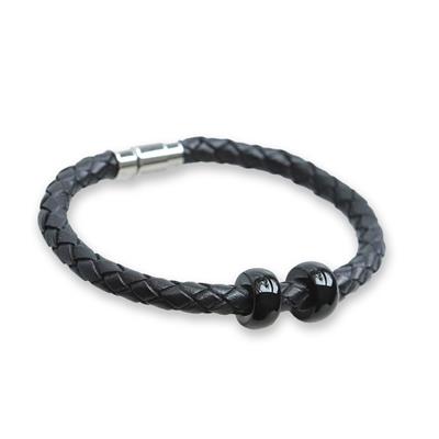 Siyah Halka Deri Çelik Bileklik