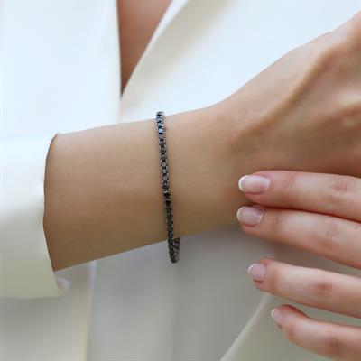 Siyah Zirkon Taşlı 2mm Su Yolu Gümüş Bileklik