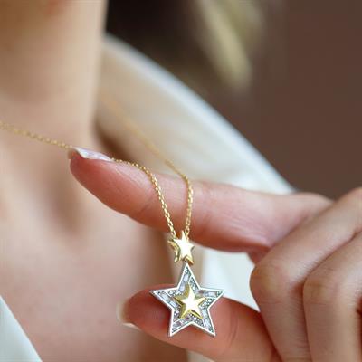 Stars Baget Taşlı Gold Gümüş Kolye