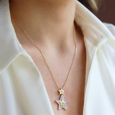 Stars Baget Taşlı Gold Gümüş Kolye