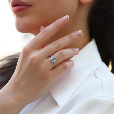 Turkuaz Mineli  T Gümüş Yüzük