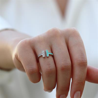 Turkuaz Mineli  T Gümüş Yüzük