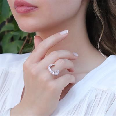Vav Harfli Pembe Taşlı Gümüş Yüzük