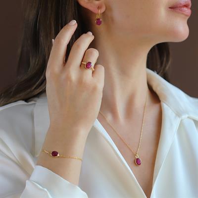 Yakut Gold Kaplama Doğaltaş Gümüş Set 