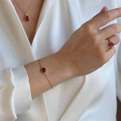 Yakut Gold Kaplama Doğaltaş Gümüş Set 