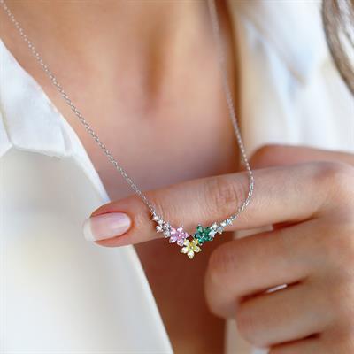 Yasemin Çiçekği Renkli Zirkon Taşlı Gümüş Kolye