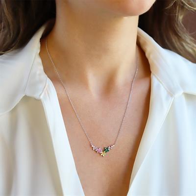 Yasemin Çiçekği Renkli Zirkon Taşlı Gümüş Kolye