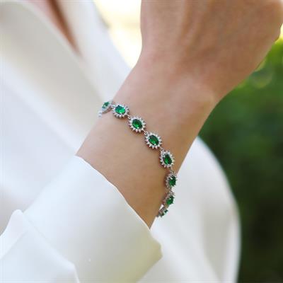 Yeşil Zirkon Taşlı Elips Çiçek Gümüş Bileklik