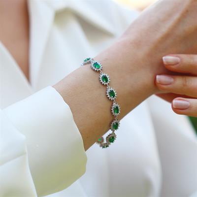 Yeşil Zirkon Taşlı Elips Çiçek Gümüş Bileklik