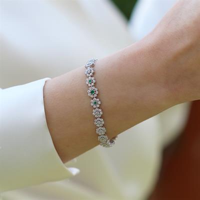 Yeşil Zirkon Taşlı Çiçek Su Yolu Gümüş Bileklik