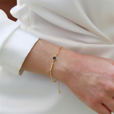 Yonca Siyah Mineli Trend Gold Gümüş Bileklik