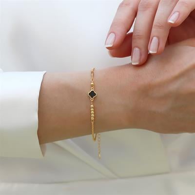 Yonca Siyah Mineli Trend Gold Gümüş Bileklik