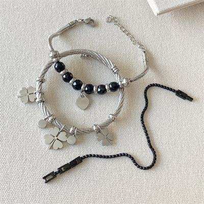 Yoncalı Kalpli 3lü Çelik Bileklik Set 