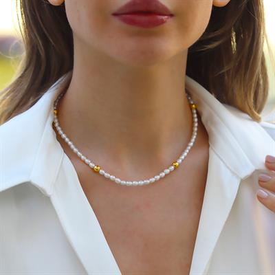 Yuvarlak Gold Kaplama Gümüş İnci Kolye