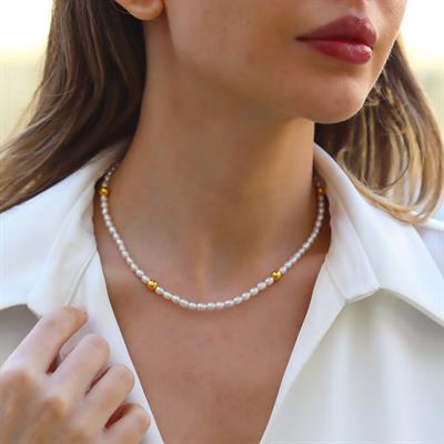 Yuvarlak Gold Kaplama Gümüş İnci Kolye