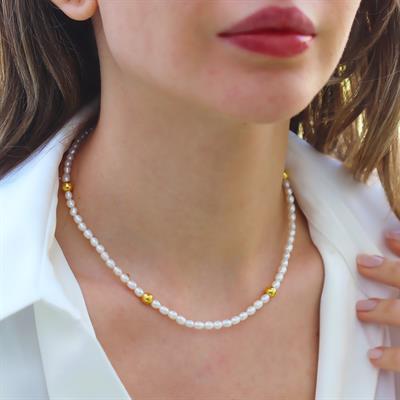 Yuvarlak Gold Kaplama Gümüş İnci Kolye