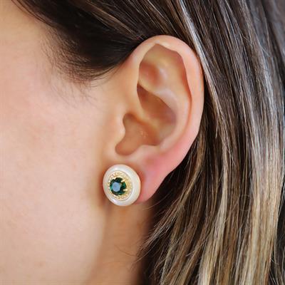 Yuvarlak Gold Yeşil Taşlı Gold Gümüş Küpe