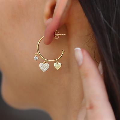 Zirkon Taşlı Kalpli Gold Gümüş Halka Küpe