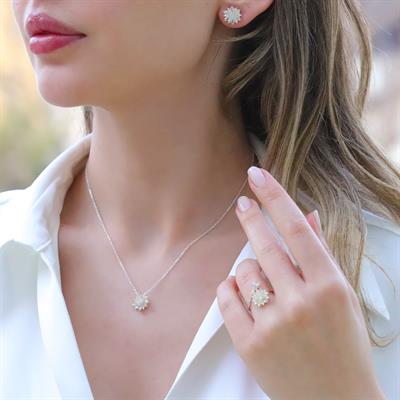 Zirkon Taşlı Lotus Çiçekli Gümüş Set