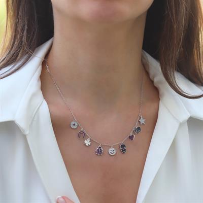 Zirkon Taşlı Renkli  Şans Gümüş Kolye