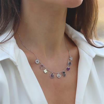 Zirkon Taşlı Renkli  Şans Gümüş Kolye