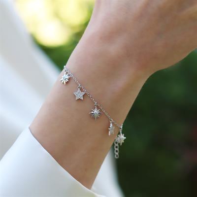 Zirkon Taşlı Sallantı Yıldız Gümüş Bileklik