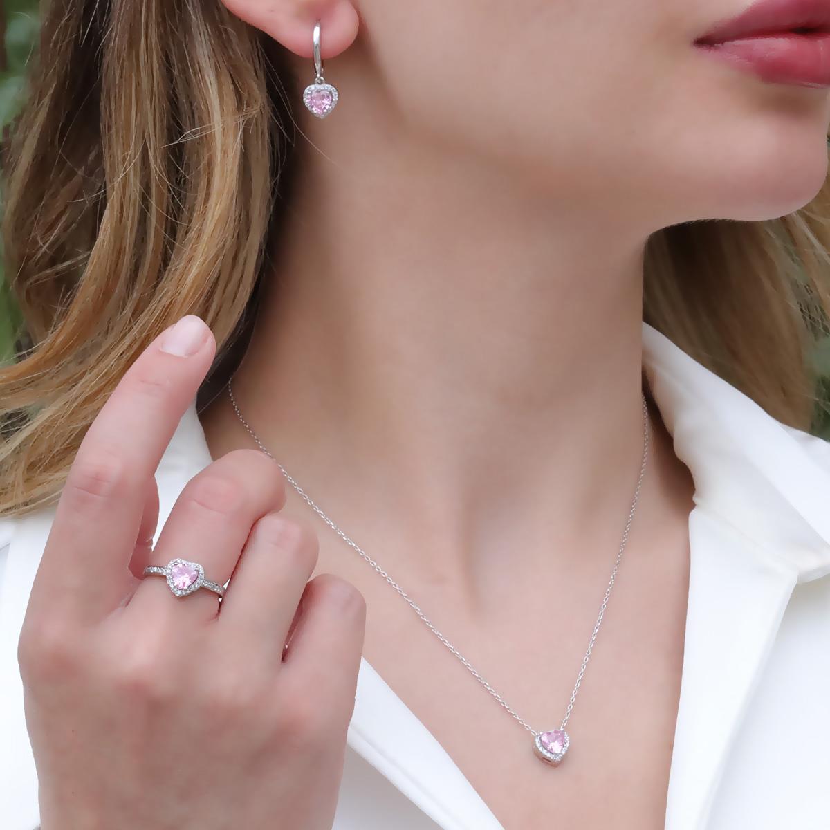 Kalp Pandora Model Pembe Zirkon Taşlı Gümüş Set - Necatigun.com