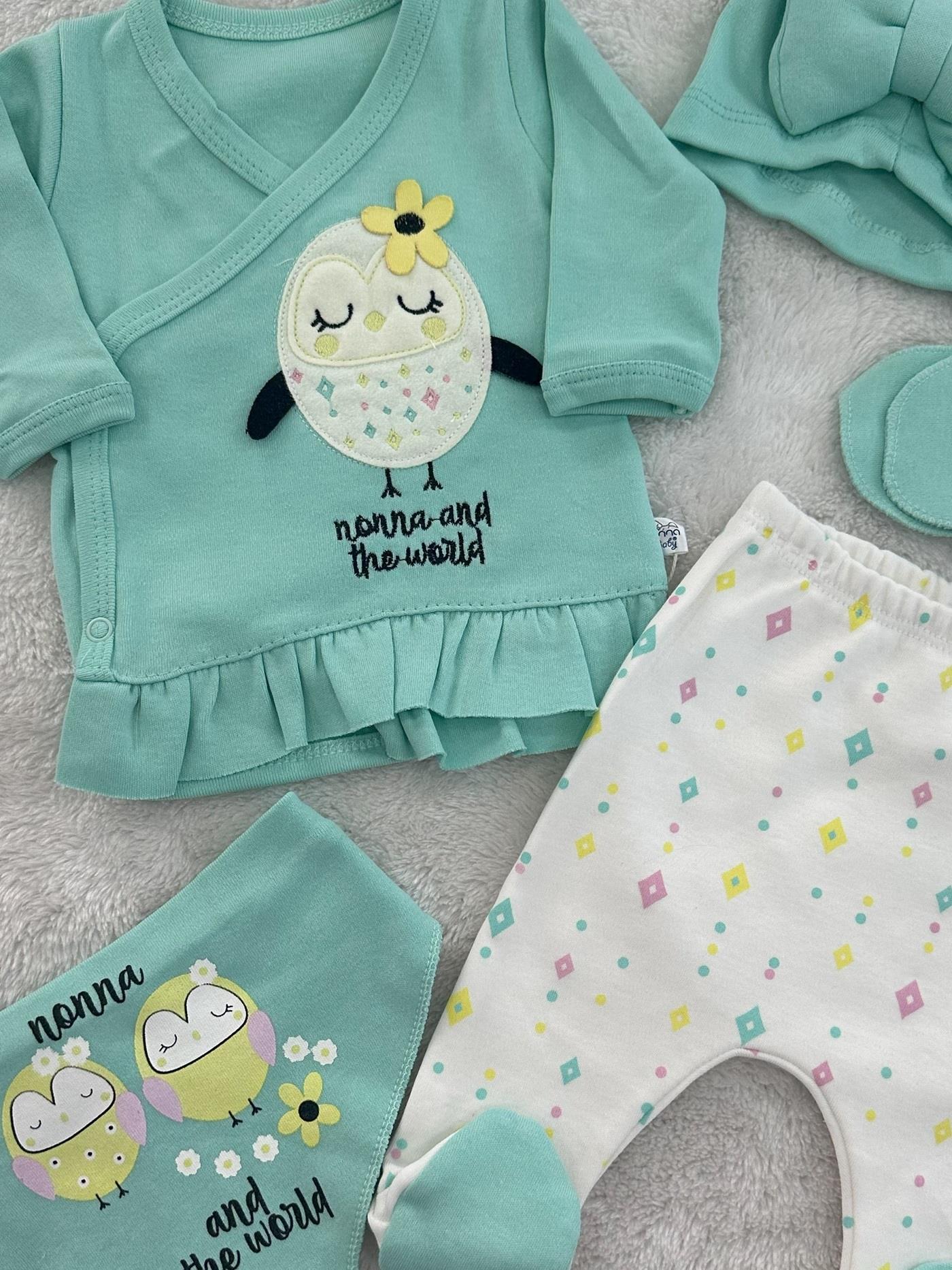 Kuş Model Yenidoğan Kız Bebek 5li Zıbın Set Hastane Çıkışı