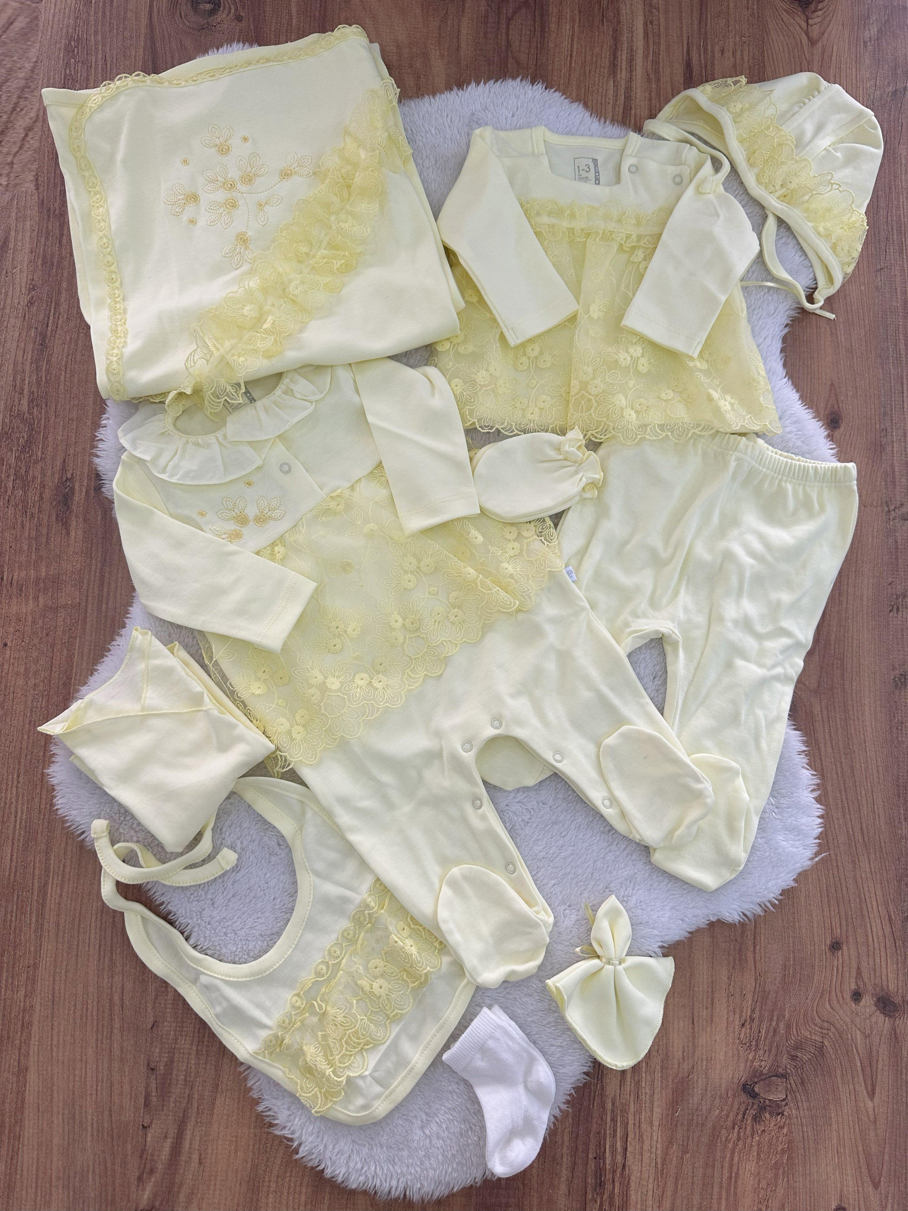 Çiçek Nakışlı Güpürlü Yenidoğan Kız Bebek Tulumlu 10lu Hastane Çıkış Seti