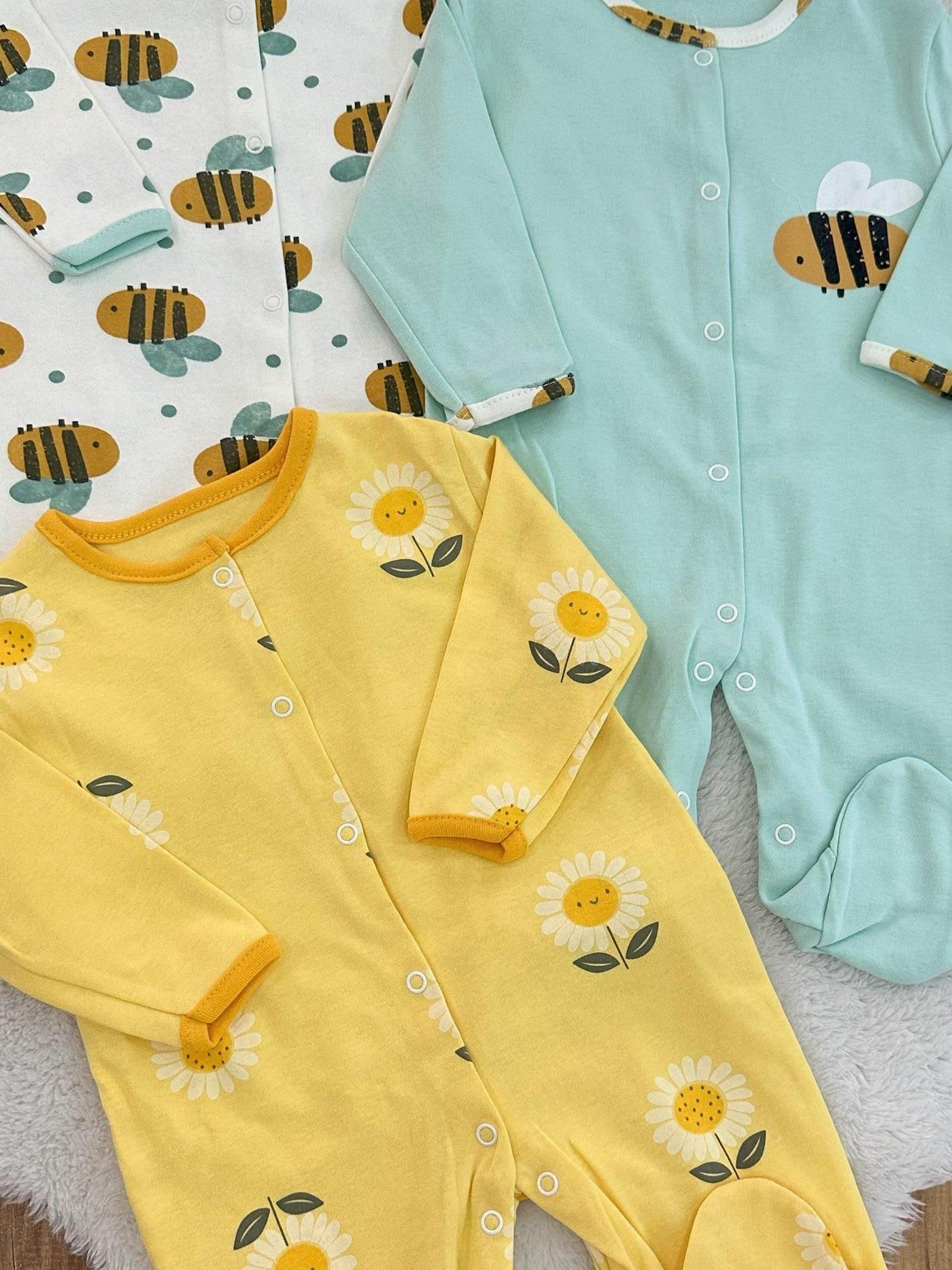 Arı Papatya Baskılı Kız Bebek 3lü Patikli Tulum Set 0-3/3-6/6-9 Ay
